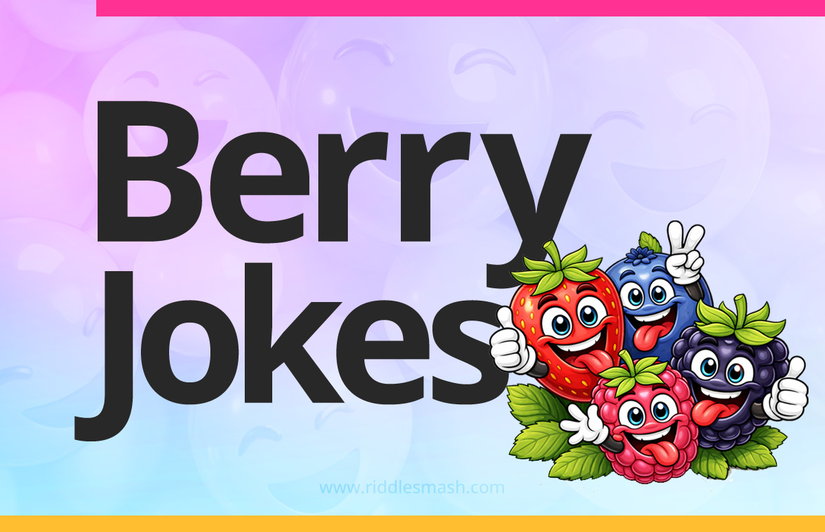 Funny berry jokes featuring assorted berries in a playful cartoon style