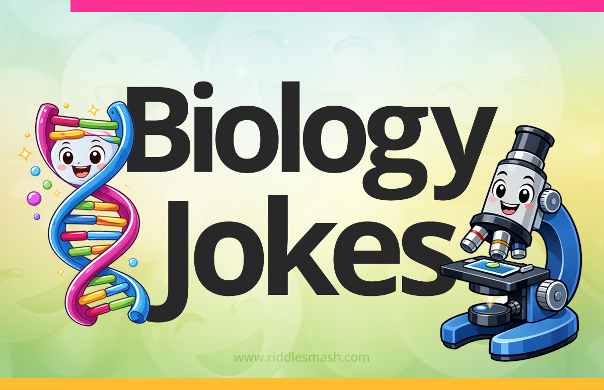 Funny biology jokes with a science-themed illustration featuring a microscope and DNA helix