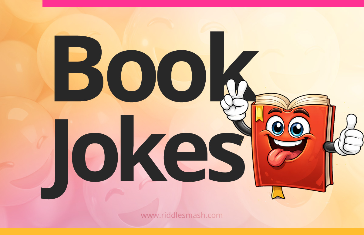 Funny book jokes with a reading and library-themed illustration featuring book