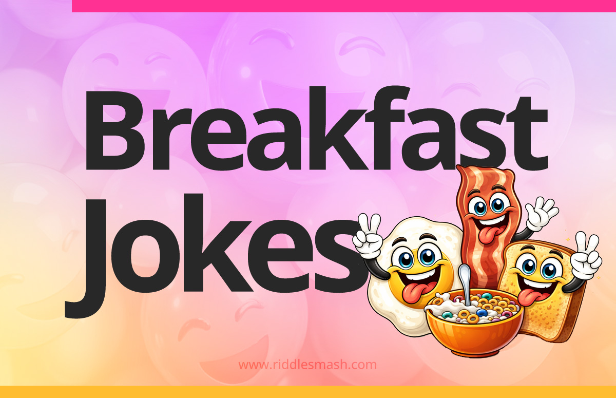 Funny breakfast jokes with a cartoon theme featuring cereal, egg, bacon and bread