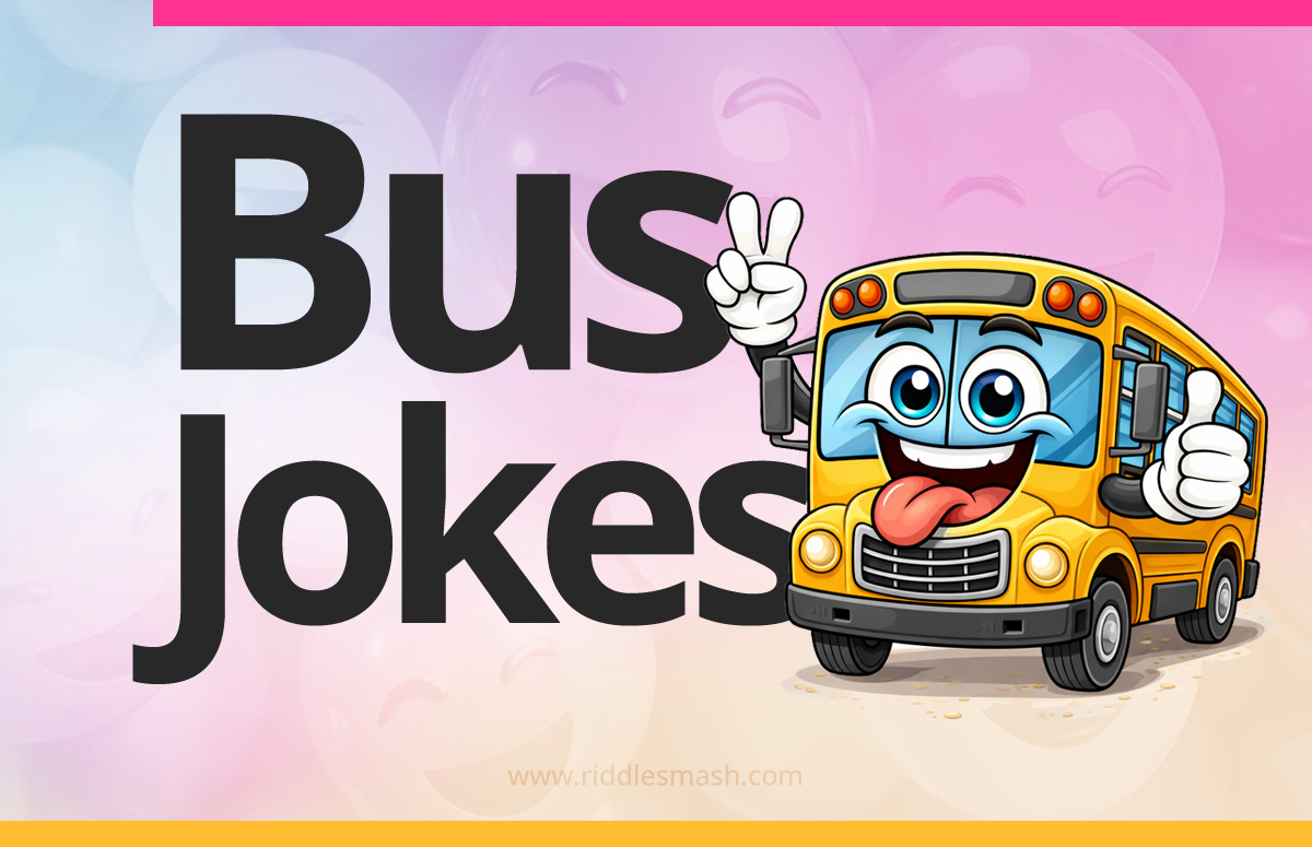 Funny bus jokes with a playful transportation-themed illustration featuring a bus