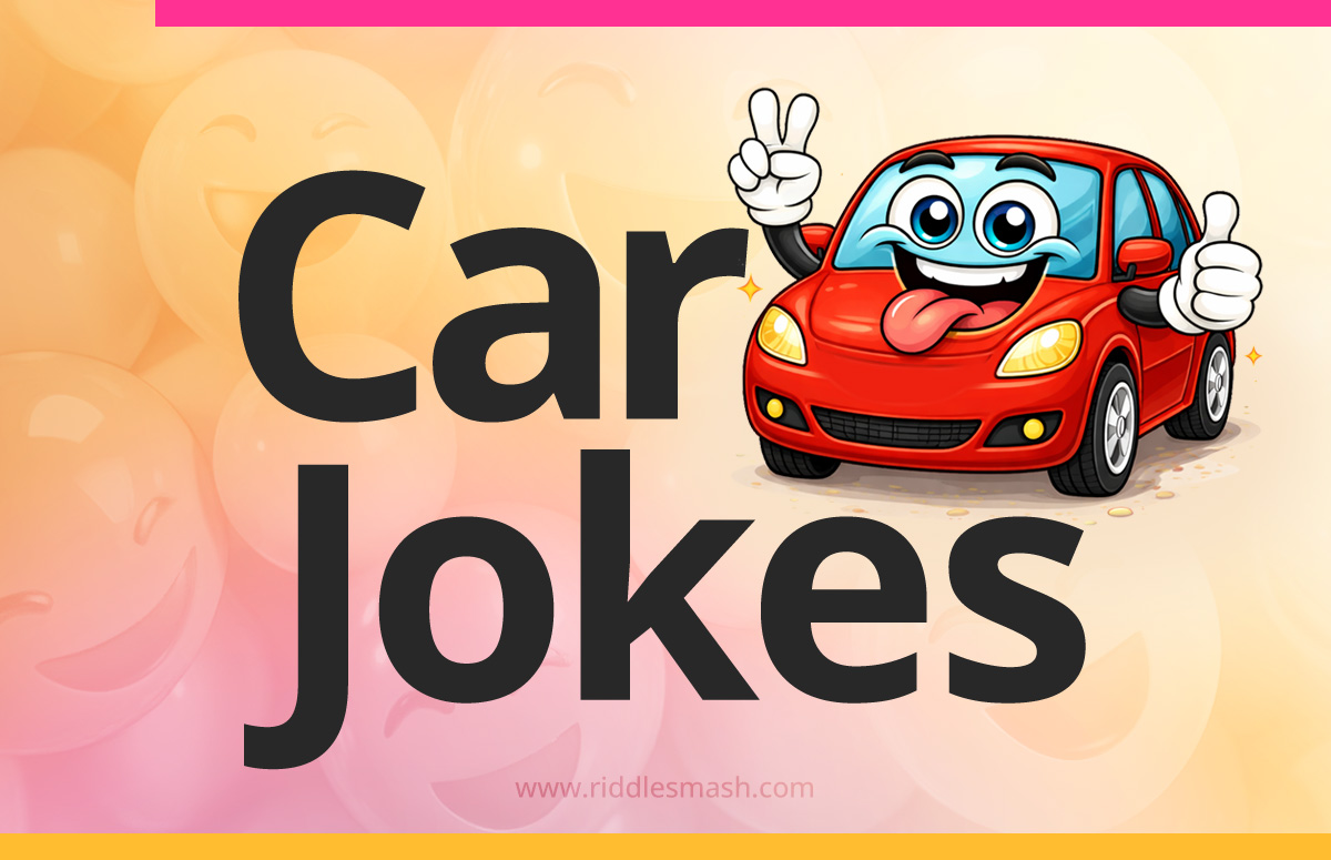Funny car jokes with an automotive-themed illustration featuring a car