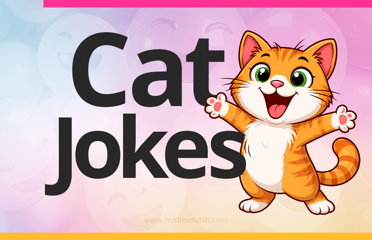 Funny cat jokes with a cute cartoon cat and playful paw-print theme