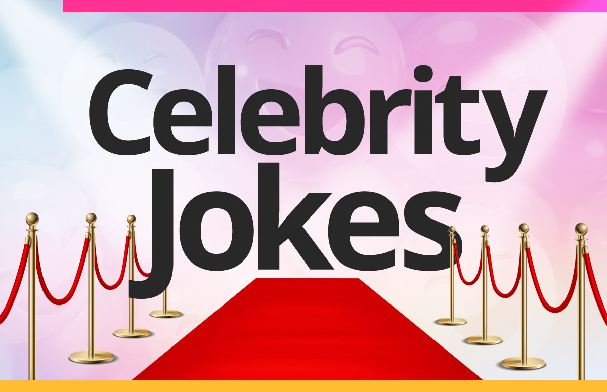 Funny celebrity jokes with a pop culture theme featuring a spotlight and red carpet illustration