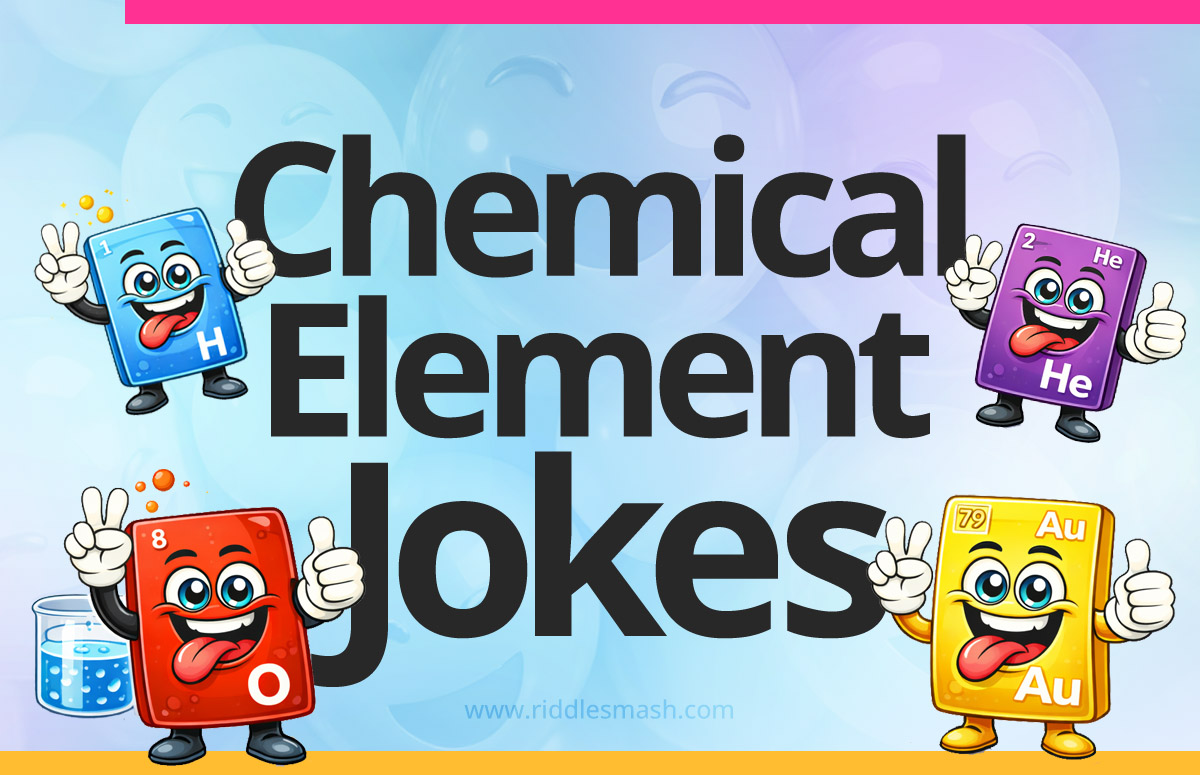 Funny chemical element jokes with a periodic table and chemistry-themed illustration featuring lab icons