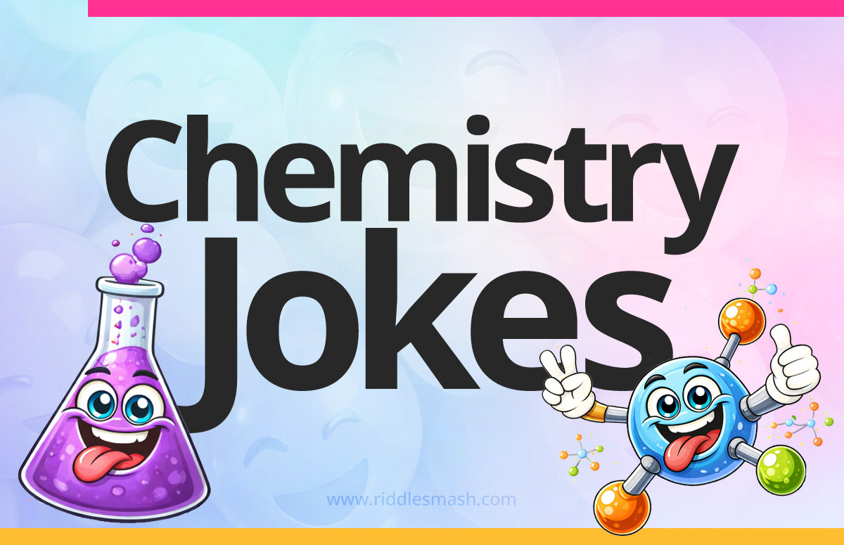 Funny chemistry jokes with a science-themed illustration featuring flask and molecule