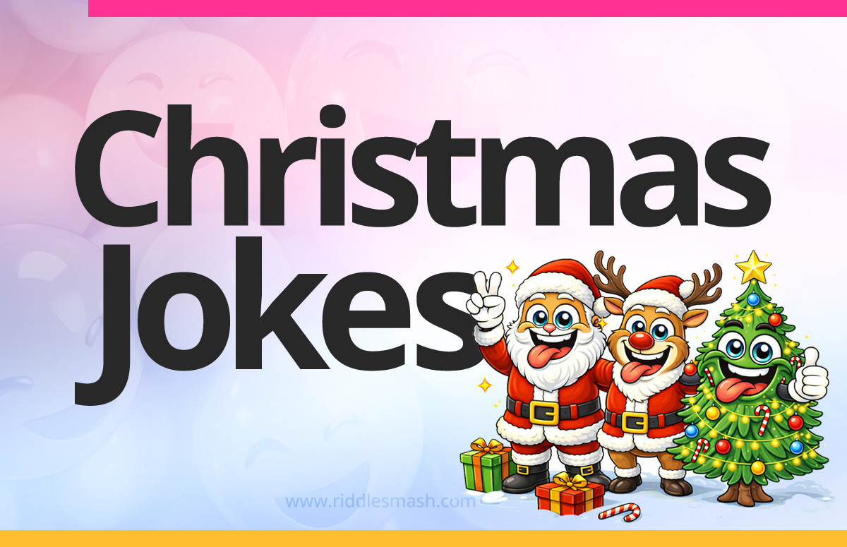 Funny Christmas jokes with a festive illustration featuring Santa, reindeer and christmas tree