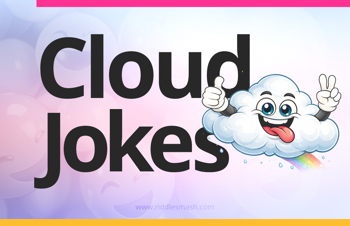 Funny cloud jokes with a sky-themed illustration featuring fluffy cloud
