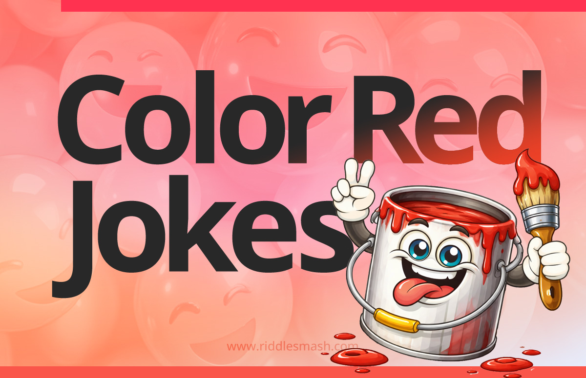 Funny red color jokes with a bright red-themed illustration featuring a jar of red paint and a brush