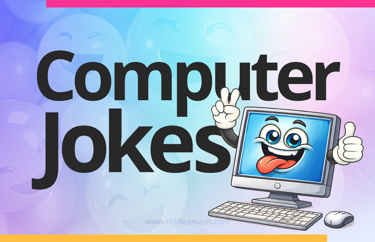 Funny computer jokes with a tech-themed illustration featuring a desktop PC