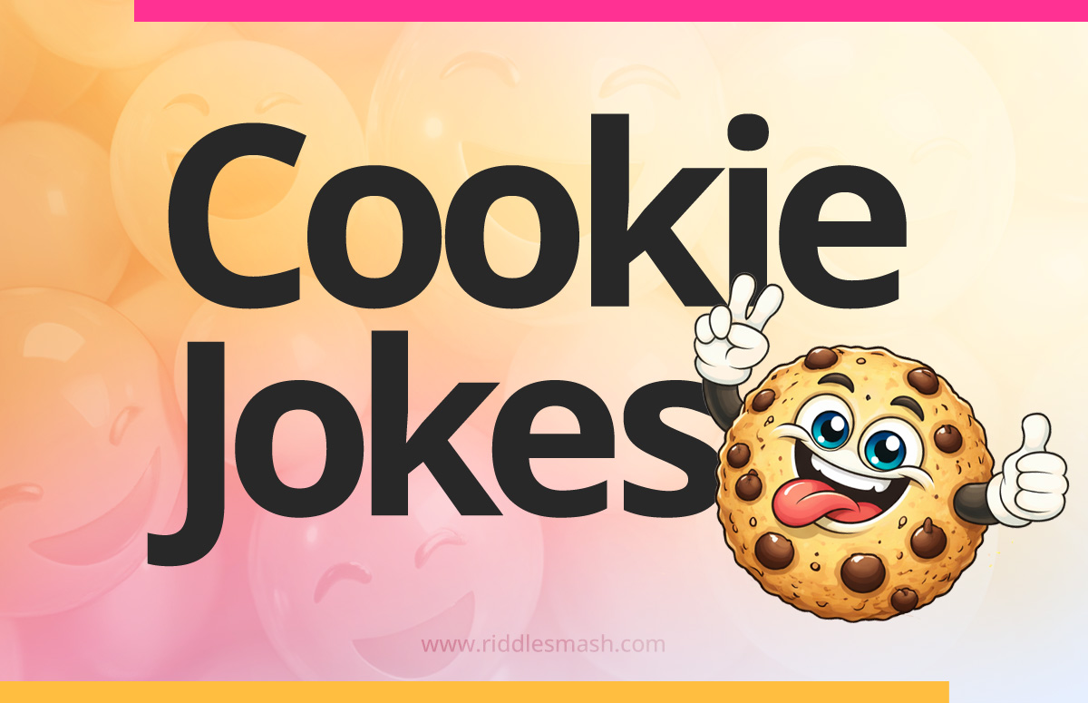 Funny cookie jokes with a dessert-themed illustration featuring chocolate cookies