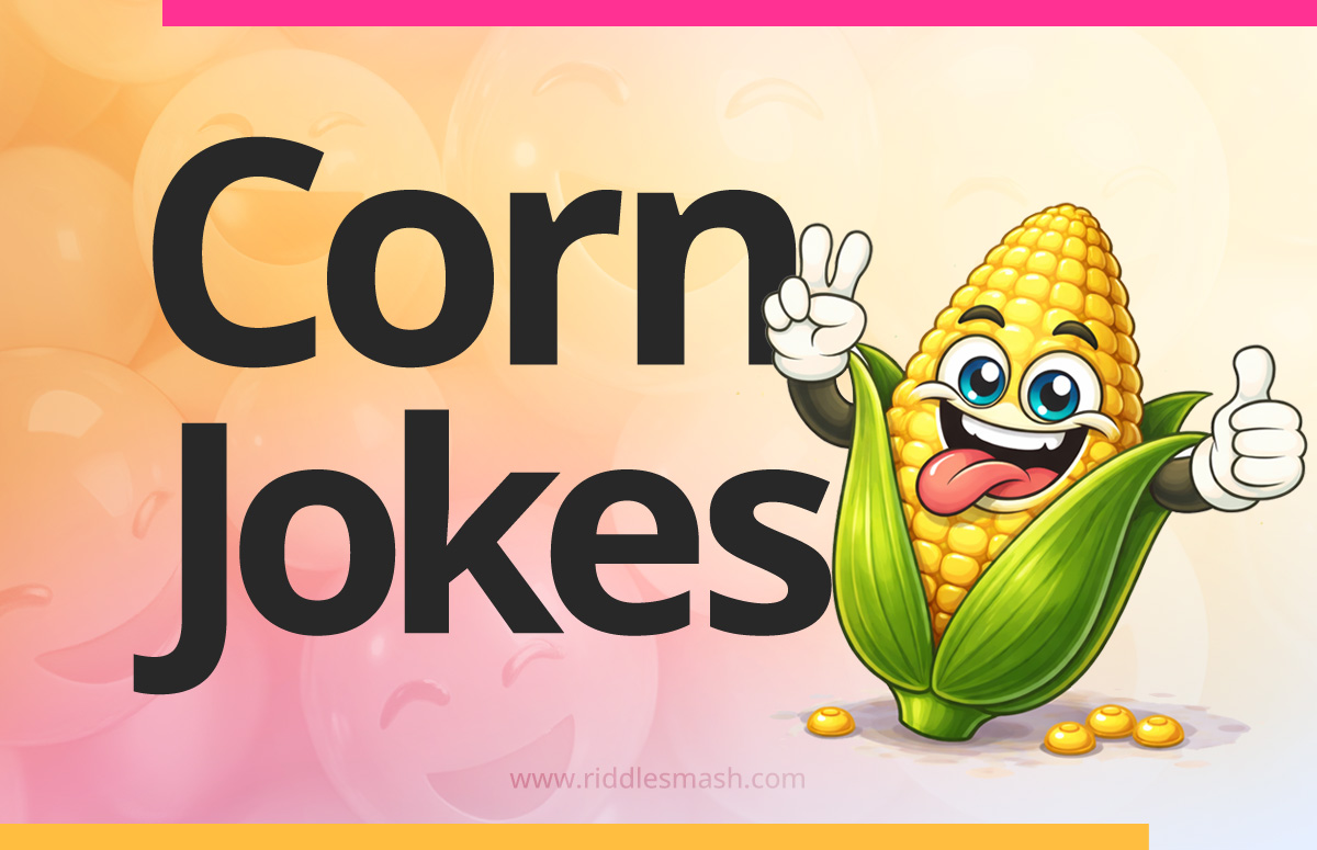 Funny corn jokes with a playful illustration featuring a cartoon corn cob
