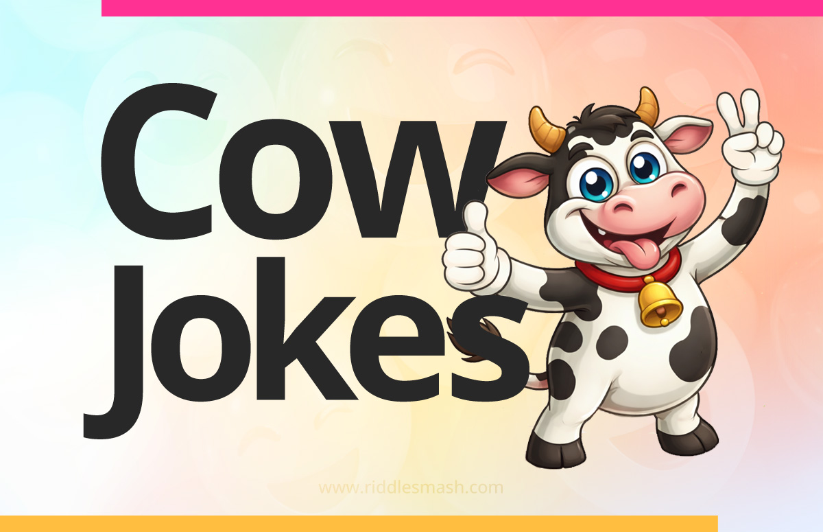 Funny cow jokes with a farm-themed illustration featuring a cartoon cow