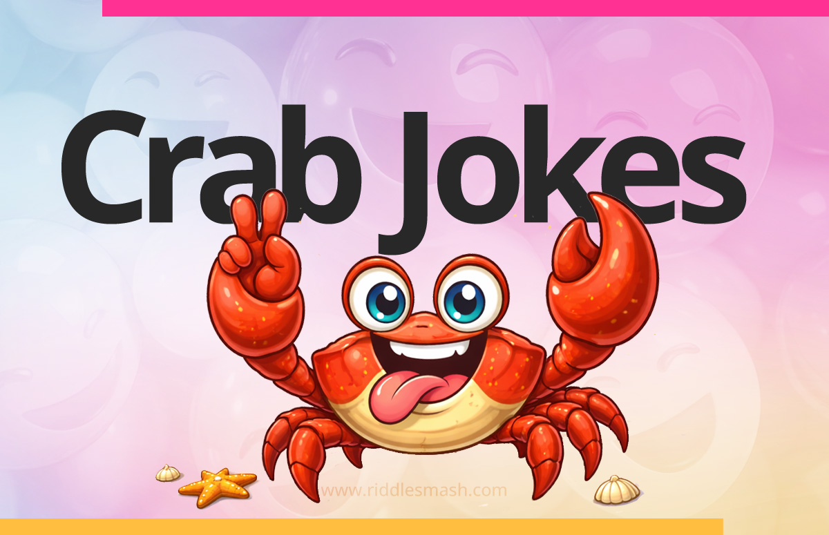 Funny crab jokes with an ocean-themed illustration featuring a cartoon crab