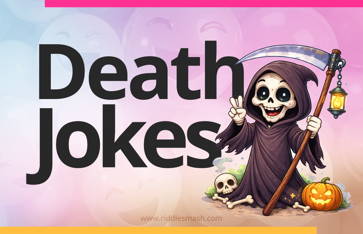 Dark death jokes with a moody comedy-themed illustration