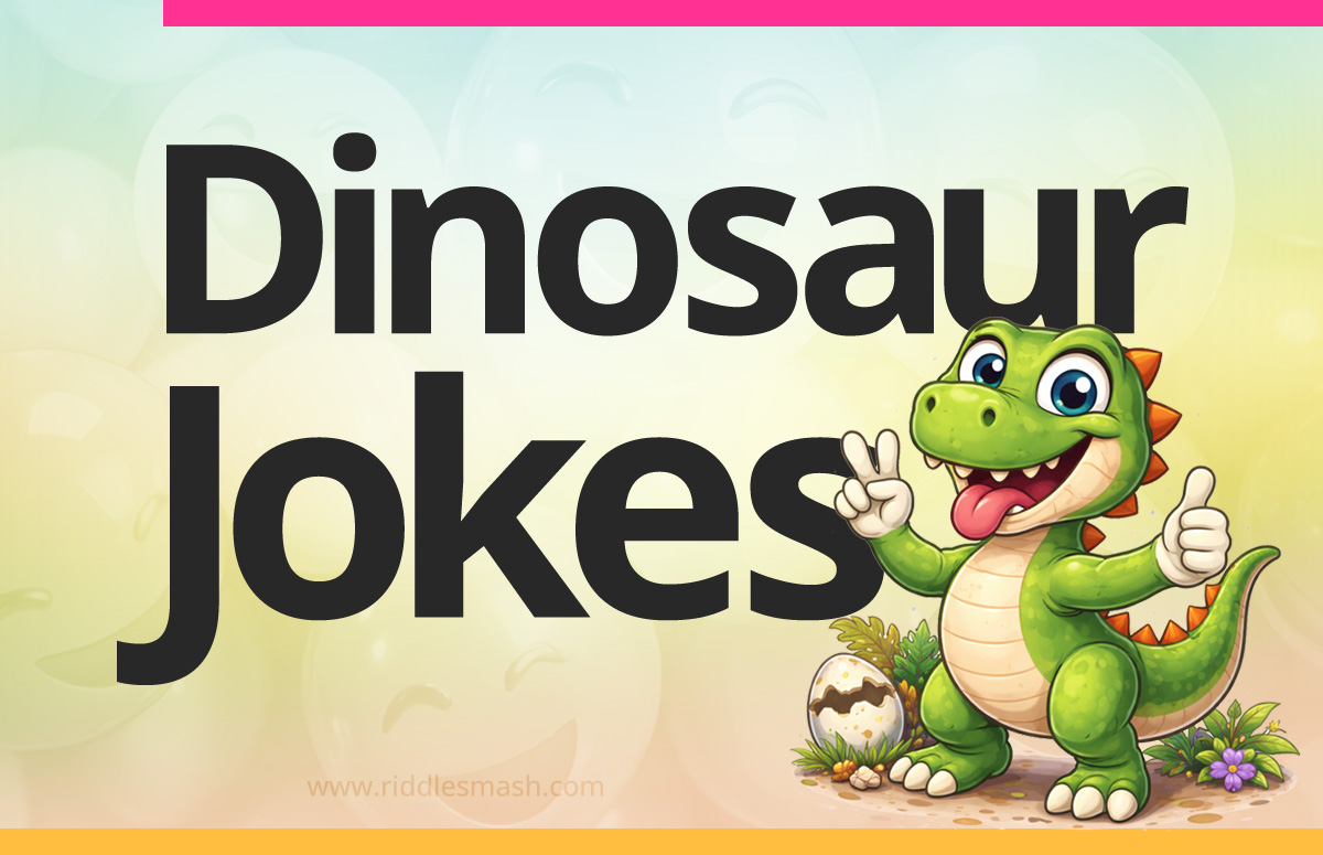 Funny dinosaur jokes with a prehistoric-themed illustration featuring a cartoon dinosaur