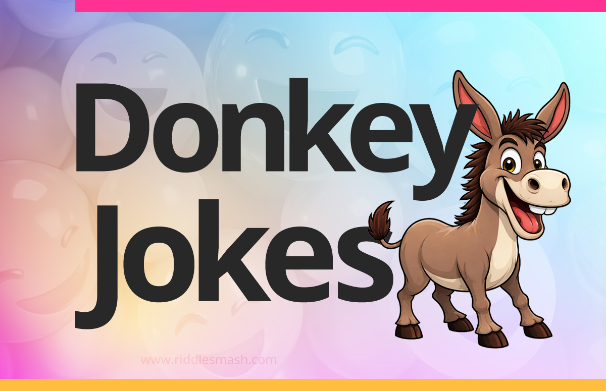 Funny donkey jokes with a farm-themed illustration featuring a cartoon donkey