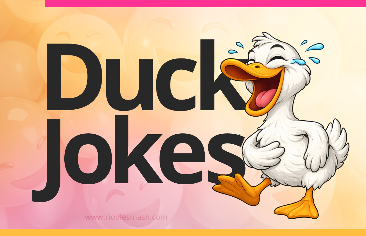 Funny duck jokes with a pond-themed illustration featuring a cartoon duck