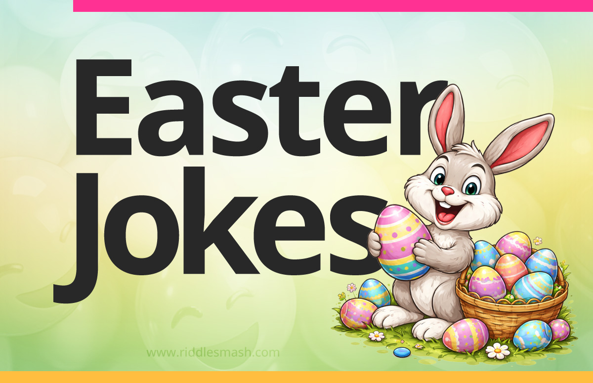 Funny Easter jokes with a festive illustration featuring Easter eggs, a bunny, and spring decorations