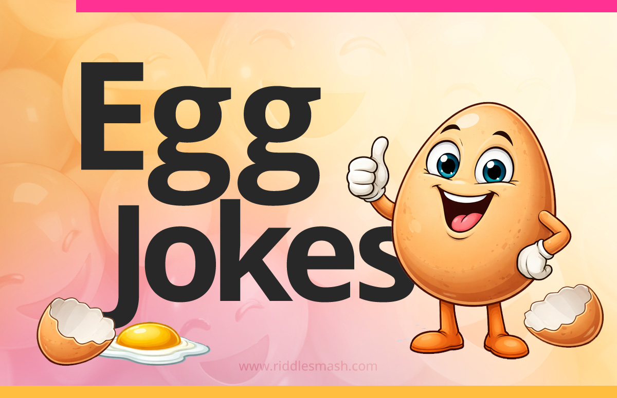 Funny egg jokes with a breakfast-themed illustration featuring eggs and playful puns