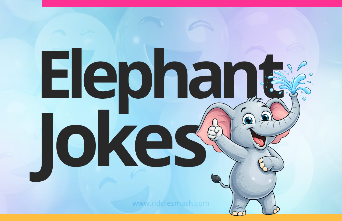 Funny elephant jokes with a safari-themed illustration featuring a cartoon elephant