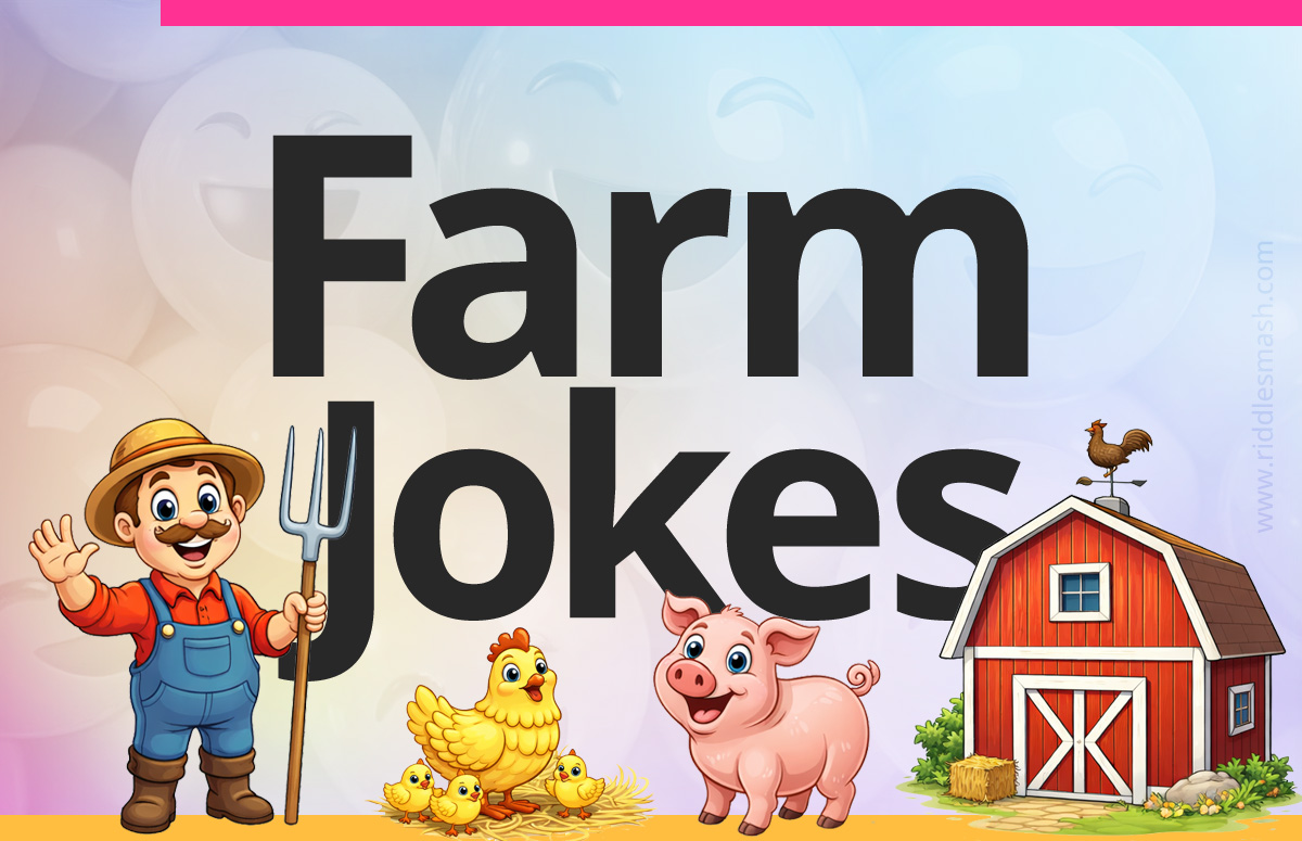 Funny farm jokes with a barnyard-themed illustration featuring a barn, animals, and a farmer