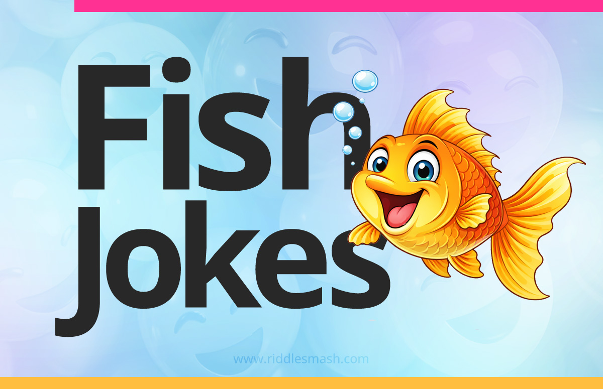 Funny fish jokes with an ocean-themed illustration featuring a cartoon fish and bubbles