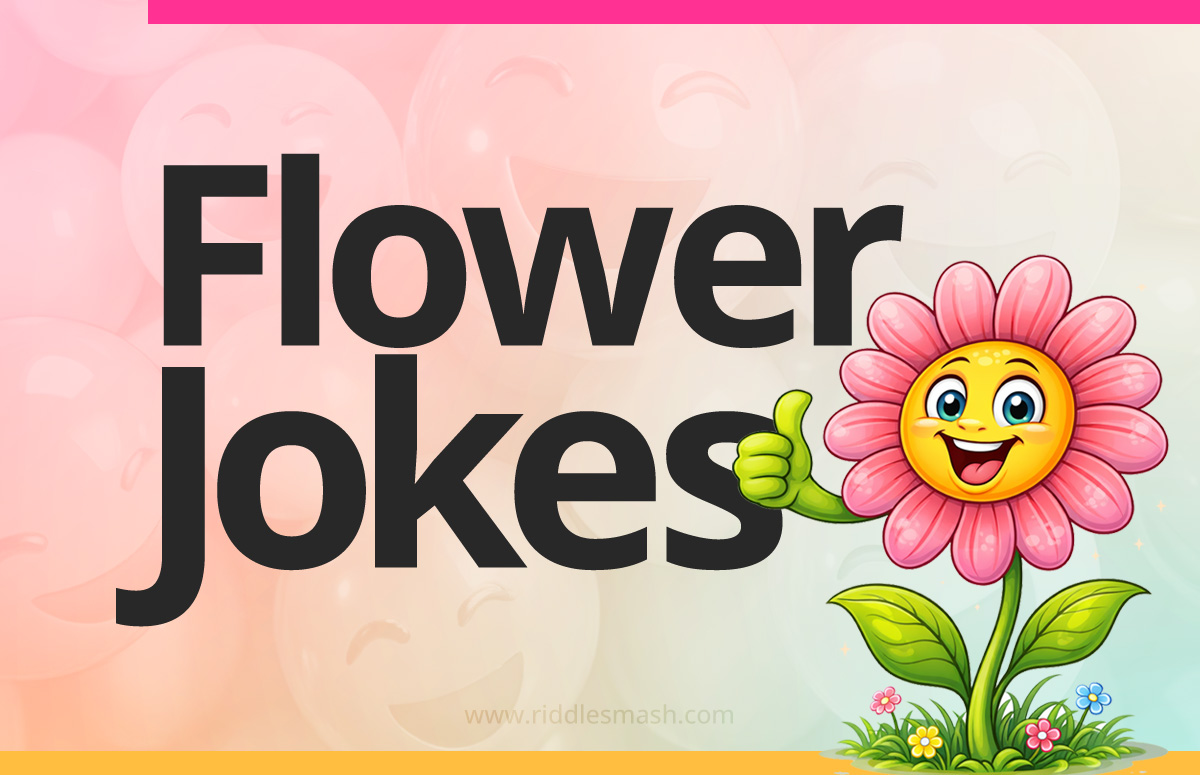 Funny flower jokes with a garden-themed illustration featuring flower