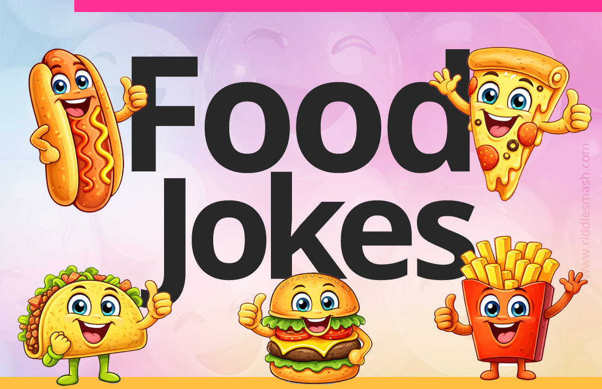 Funny food jokes with a playful illustration featuring assorted foods