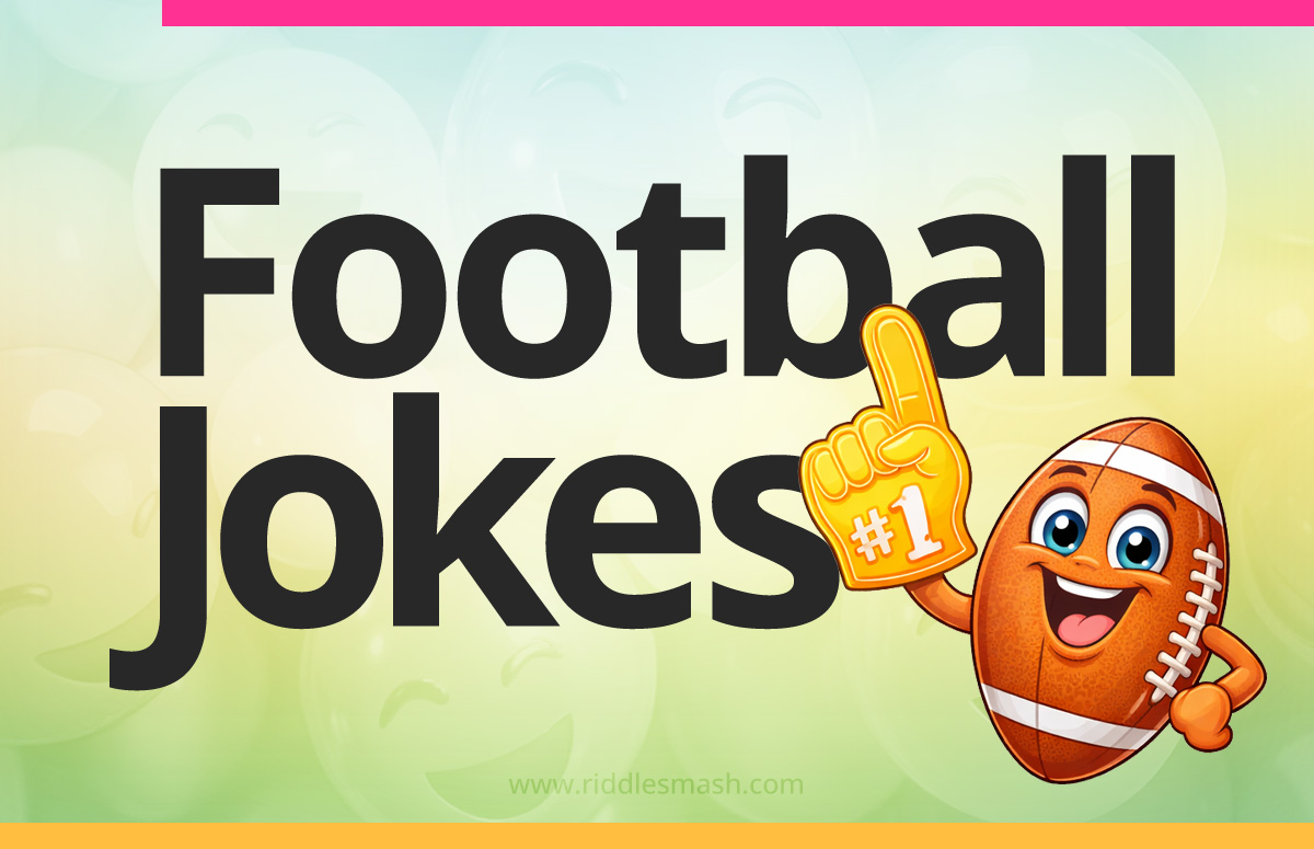 Funny football jokes with a sports-themed illustration featuring a football
