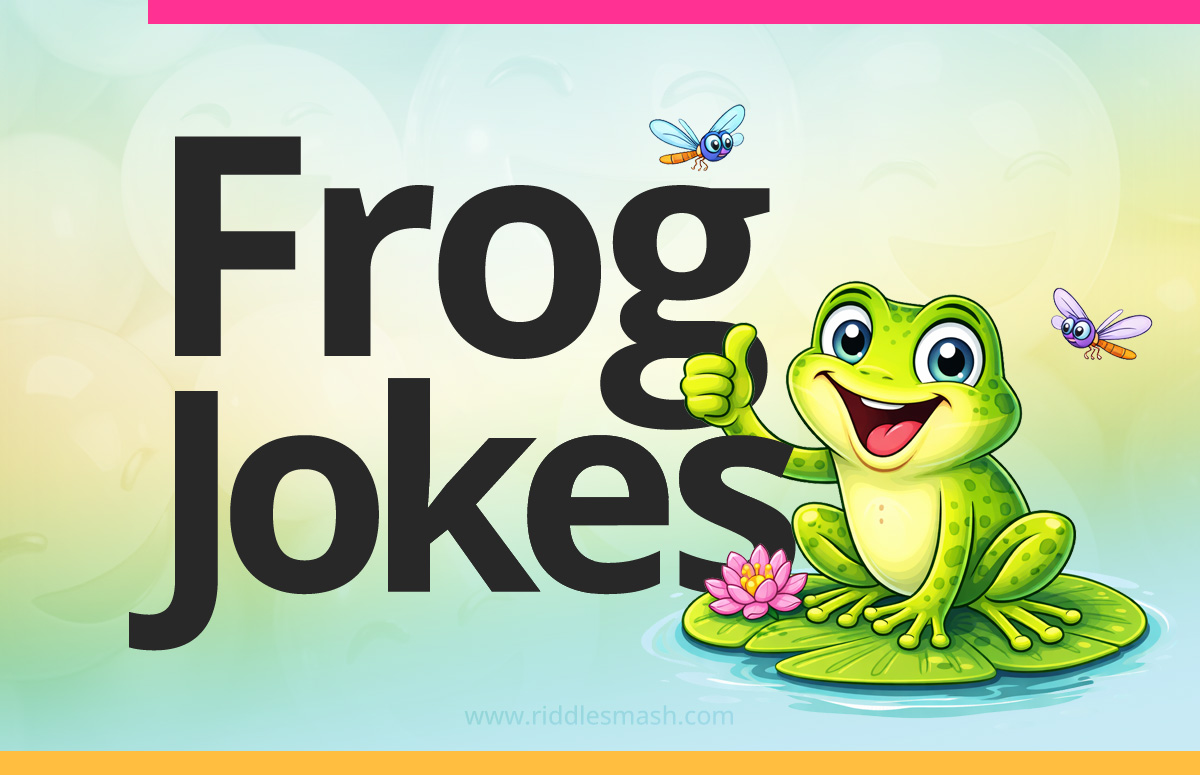Funny frog jokes with a pond-themed illustration featuring a cartoon frog