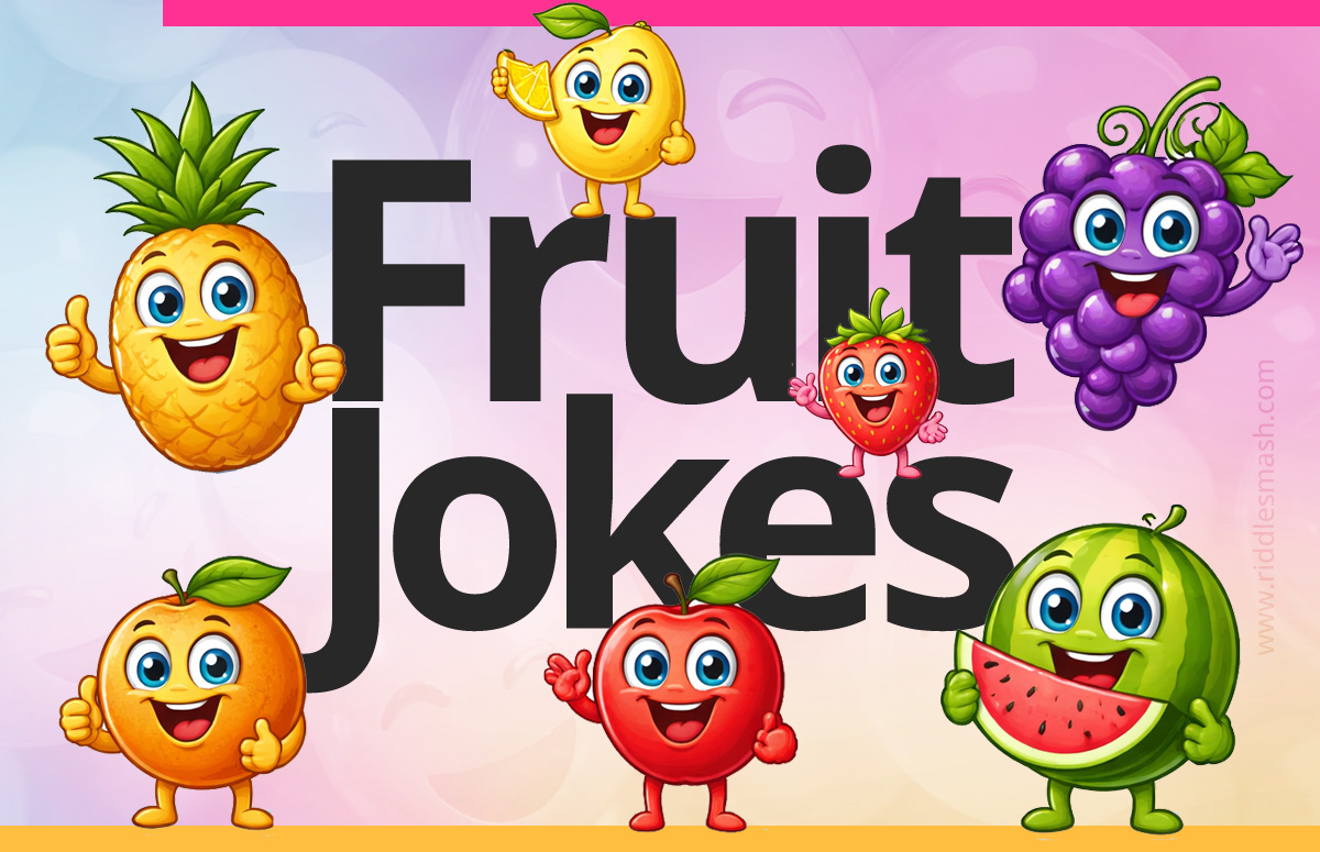Funny fruit jokes with a colorful illustration featuring assorted fruits