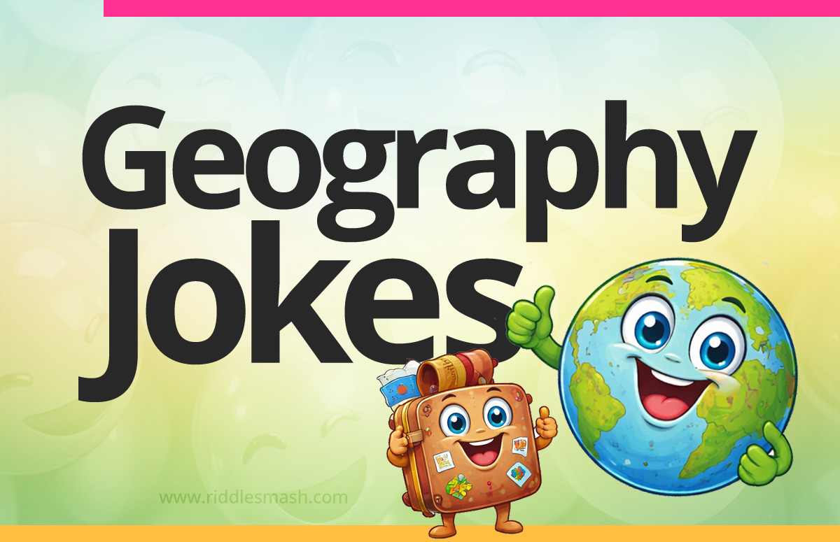 Funny geography jokes with a map-themed illustration featuring a globe