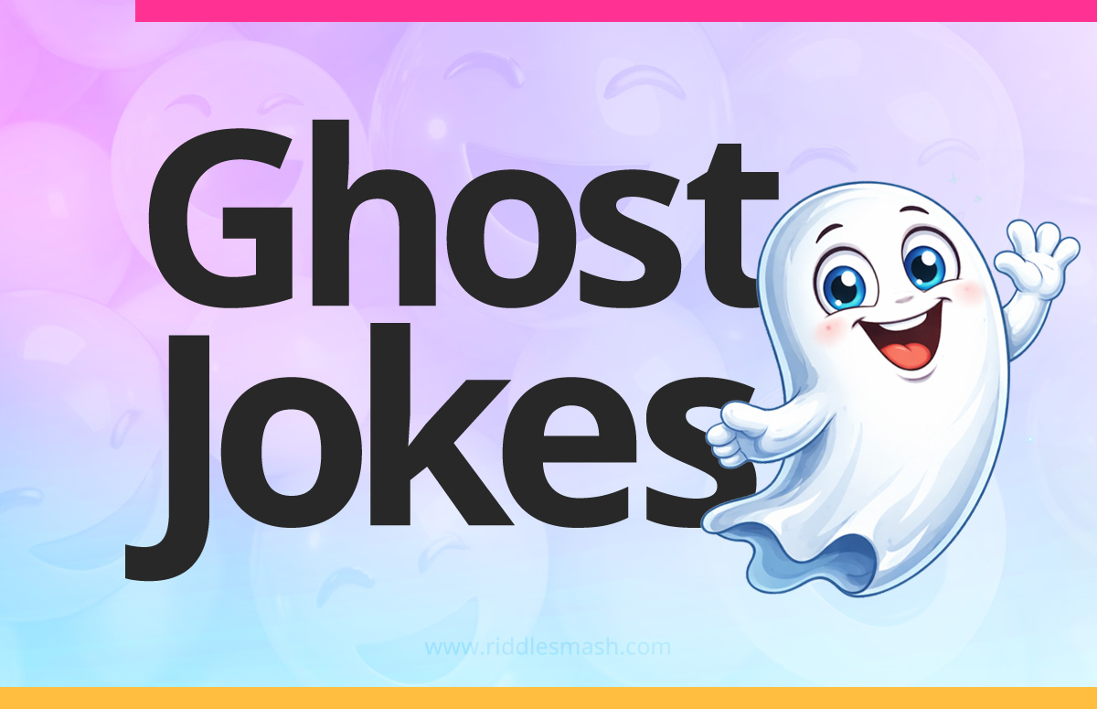 Funny ghost jokes with a Halloween-themed illustration featuring a cute cartoon ghost