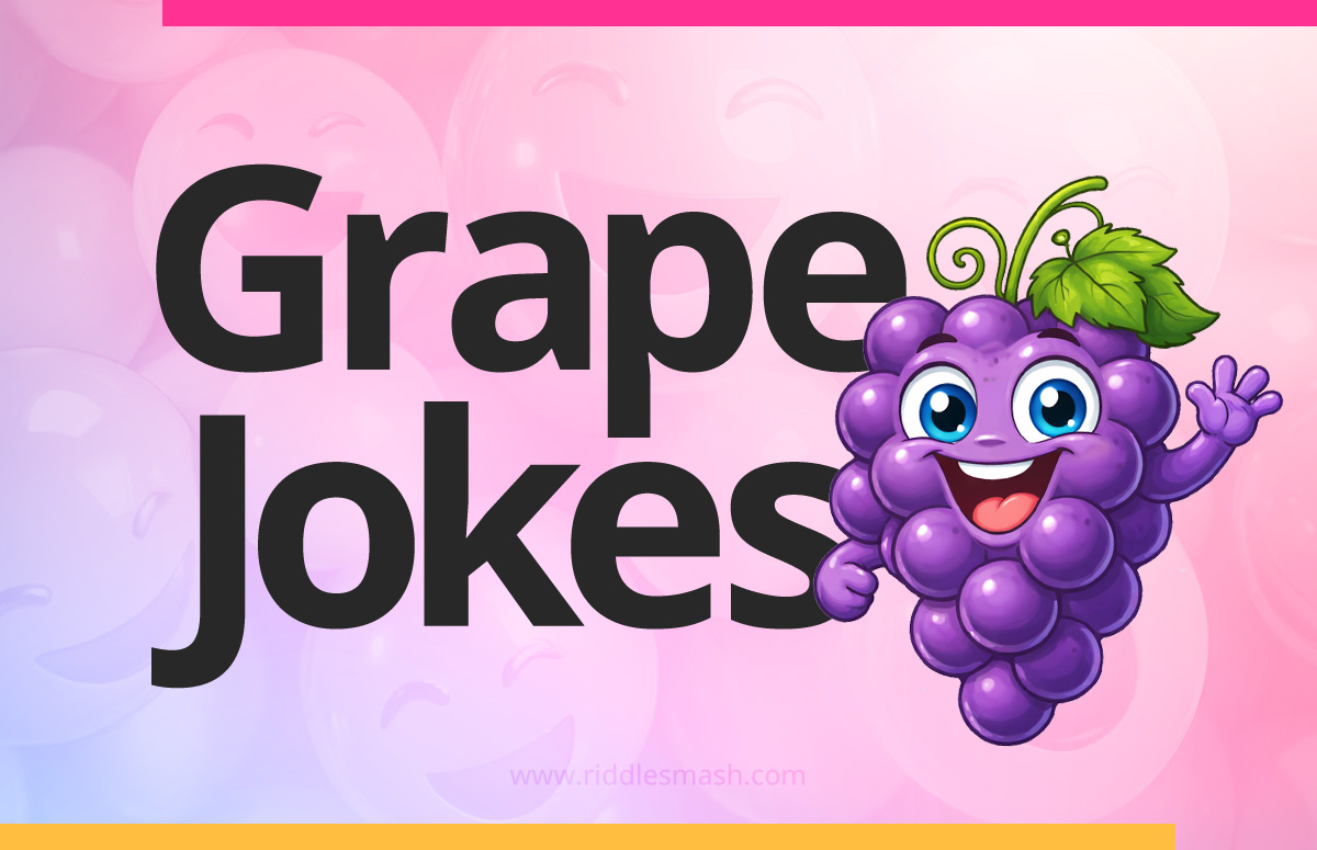 Funny grape jokes with a fruit-themed illustration featuring a bunch of grapes