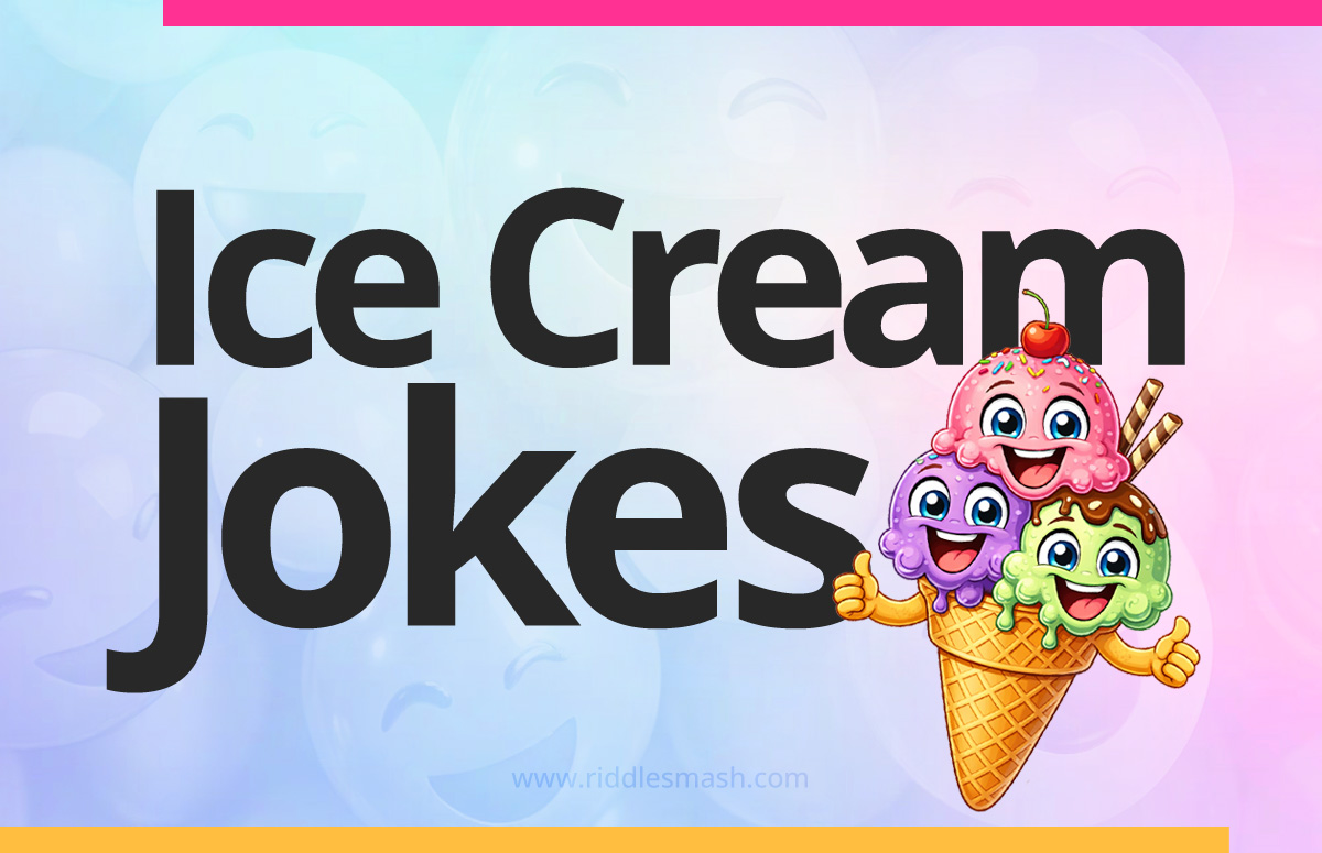 Funny ice cream jokes with a dessert-themed illustration featuring an ice cream cone