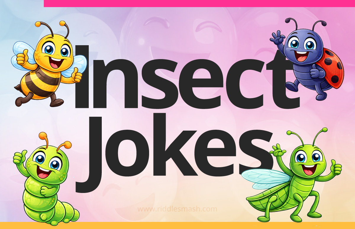Funny insect jokes with a bug-themed illustration featuring a cartoon insects