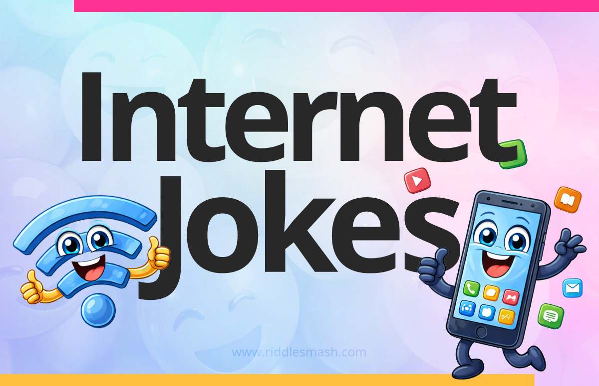 Funny internet jokes with a digital-themed illustration featuring Wi-Fi, smartphone, and social media icons