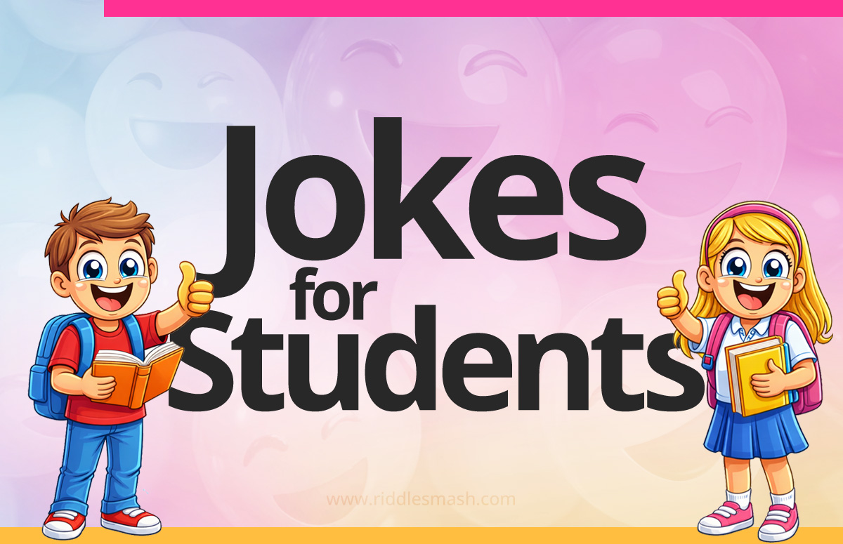 Funny jokes for students with a school-themed illustration featuring students
