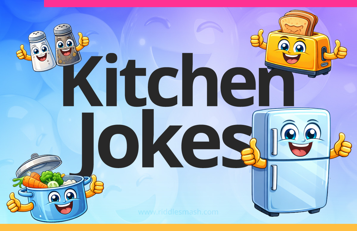 Funny kitchen jokes with a cooking-themed illustration featuring a frying refrigerator, toaster, and saucepan