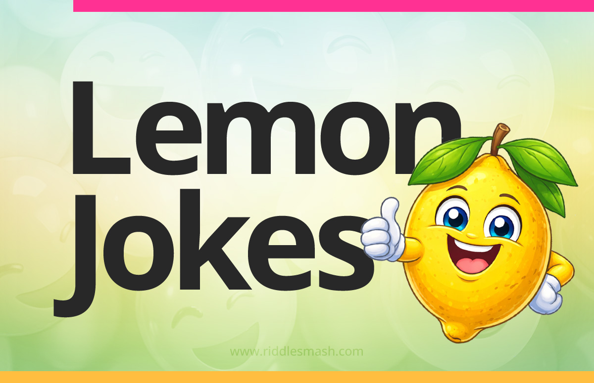 Funny lemon jokes with a citrus-themed illustration featuring a cartoon lemon