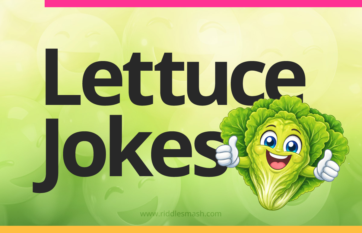 Funny lettuce jokes with a vegetable-themed illustration featuring a cartoon lettuce