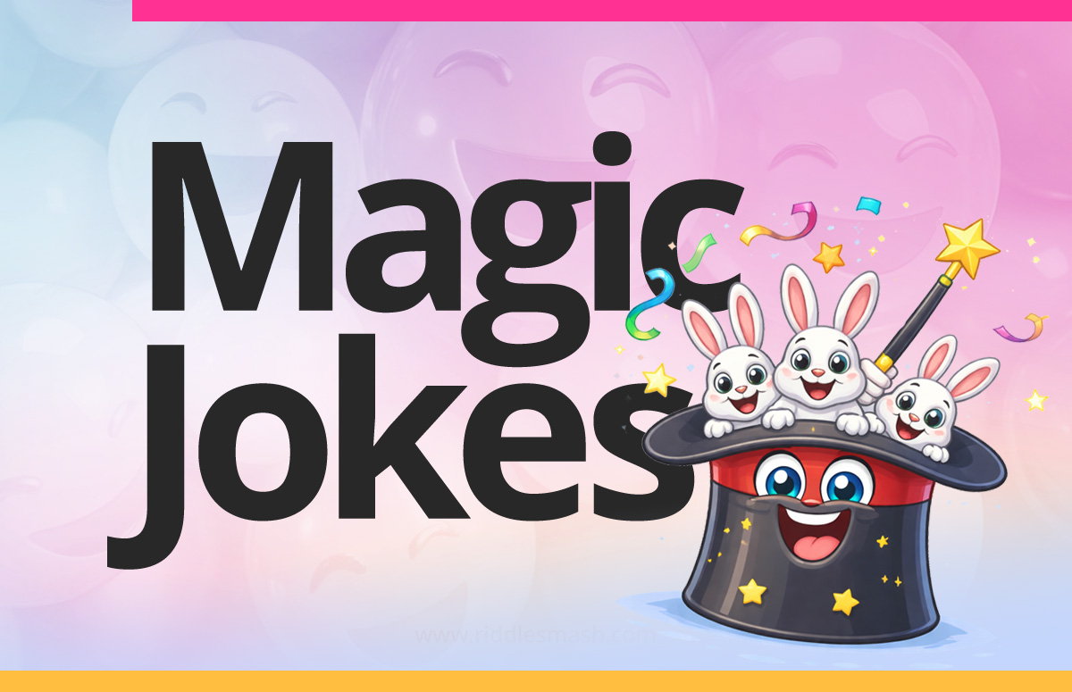 Funny magic jokes with a whimsical illustration featuring a magic hat
