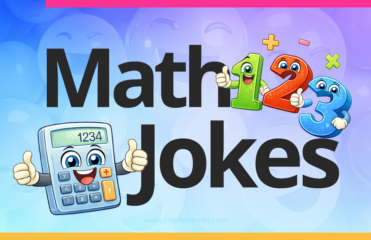 Funny mathematics jokes with a math-themed illustration featuring numbers, symbols, and a calculator