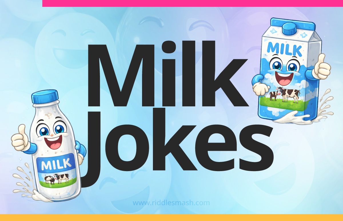 Funny milk jokes with a dairy-themed illustration featuring a milk carton and bottle