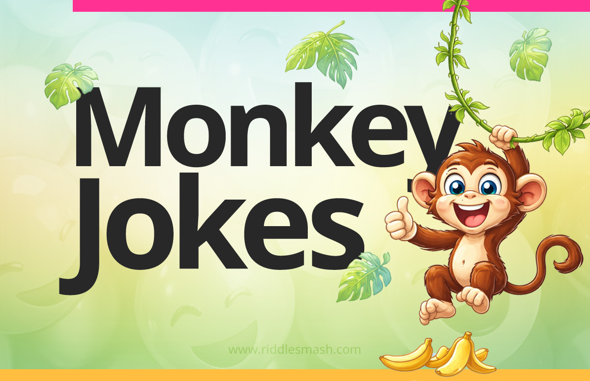 Funny monkey jokes with a jungle-themed illustration featuring a cartoon monkey and bananas