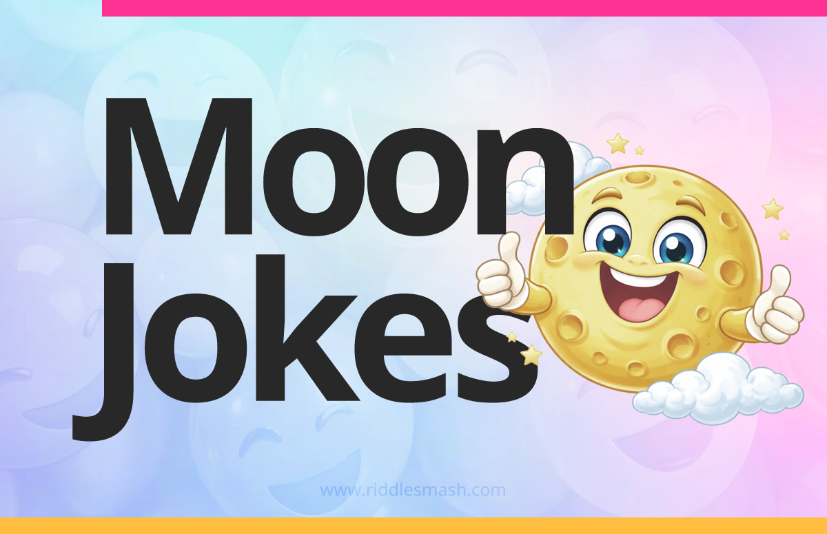 Funny moon jokes with a space-themed illustration featuring a cartoon moon and stars
