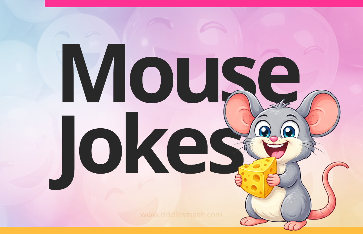 Funny mouse jokes with a playful illustration featuring a cartoon mouse and cheese