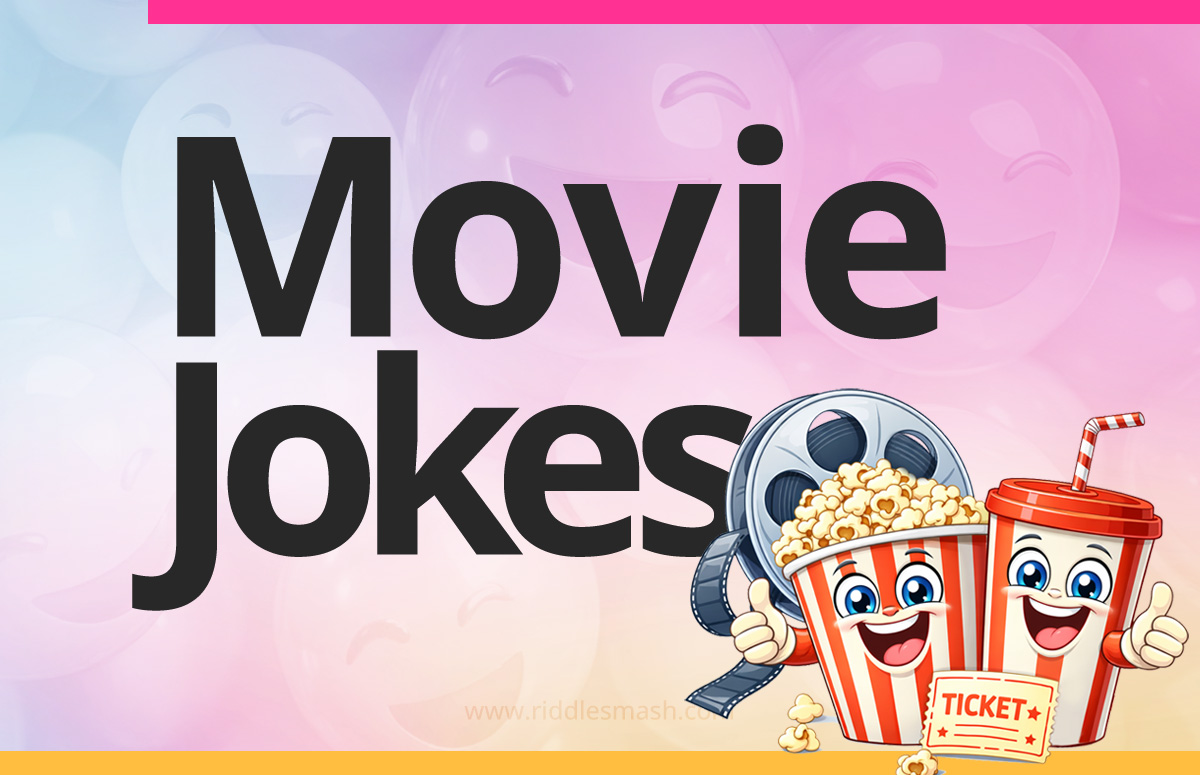Funny movie jokes with a cinema-themed illustration featuring a film reel and popcorn