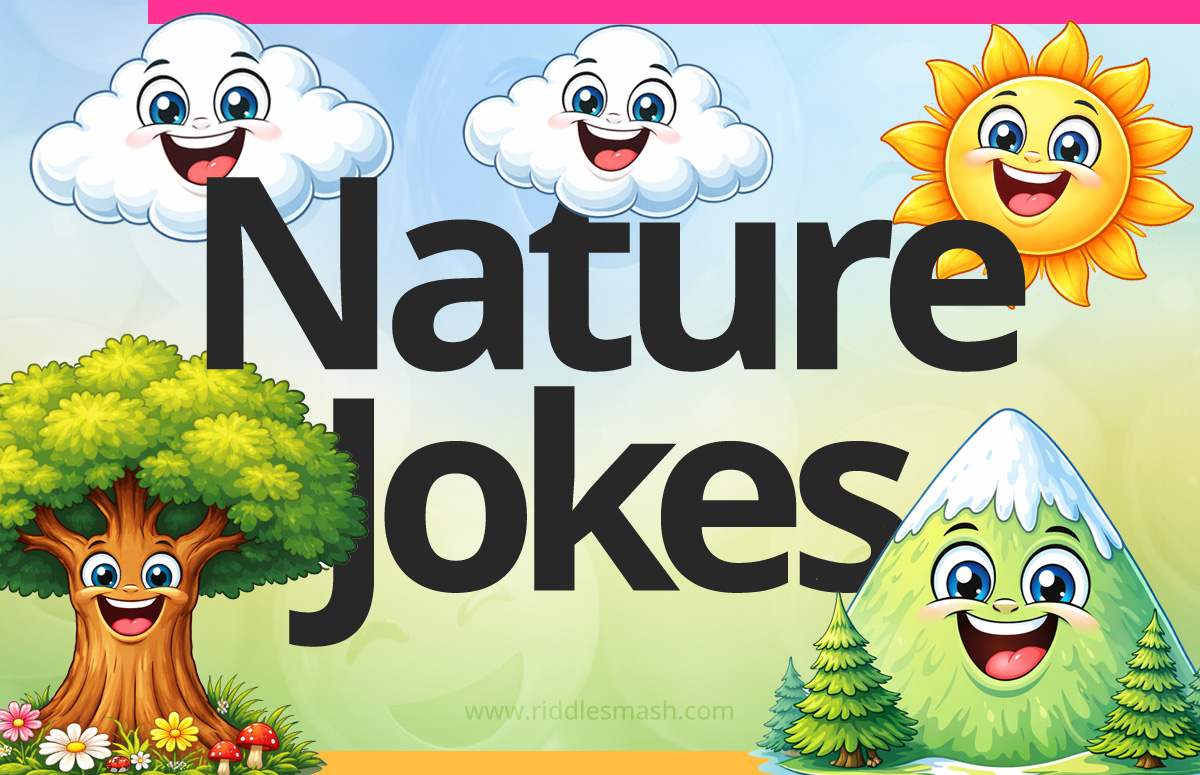 Funny nature jokes with an outdoor-themed illustration featuring tree, mountain, sun and clouds